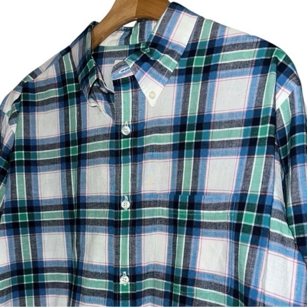 Brooks Brothers Men’s Sz XL White Green Blue Plaid Long Sleeve Button Down Shirt